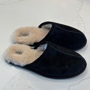 UGG Black Suede Slippers with Plush Cream Lining